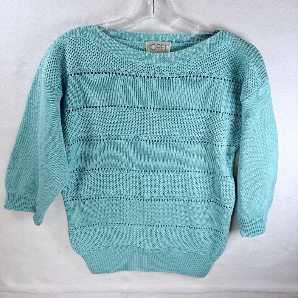VTG Koret Boatneck Sweater 3/4 Sleeve Turquiose Retro 80s Preppy Classic Sz M